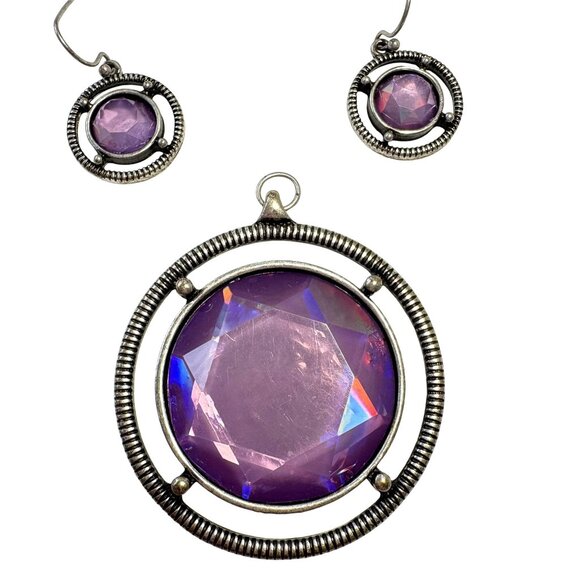 Amethyst Colored Bezeled Set Pendant and Pierced Dangle Earrings Set - Picture 2 of 4